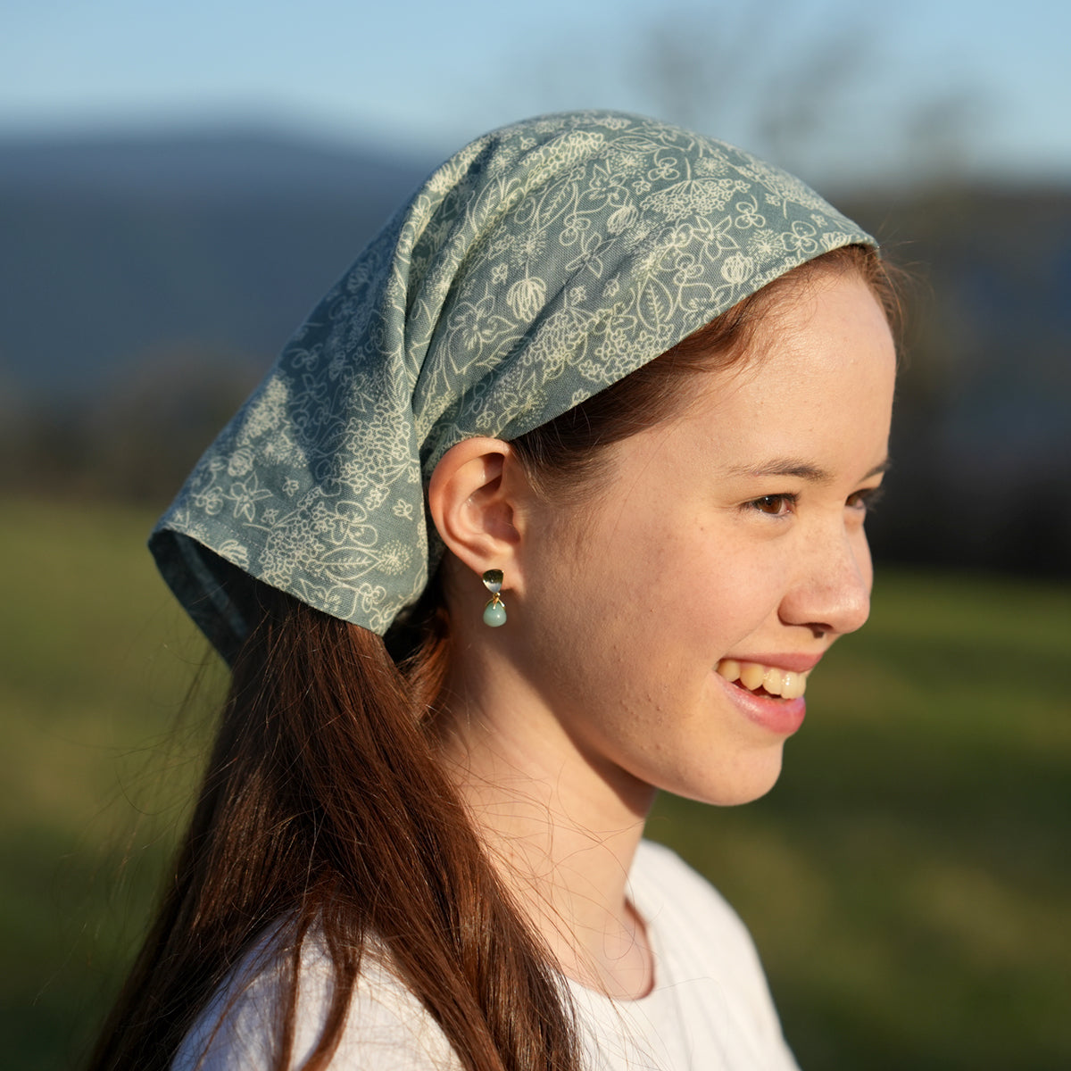 Blue Green Flower Printed Cotton Scarf - Japan