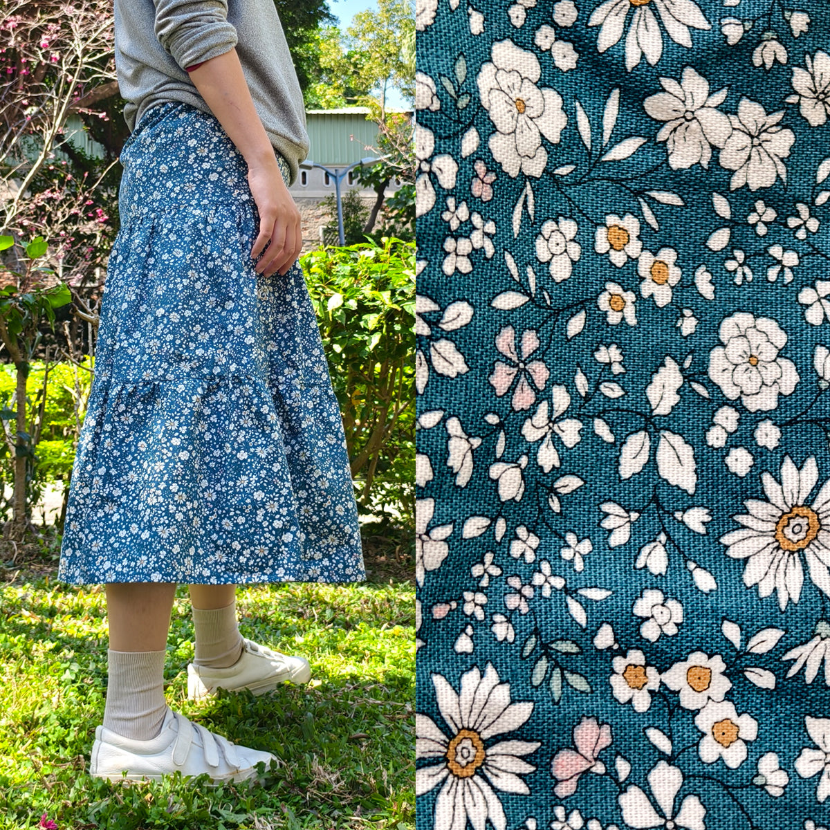 Dark Blue Green Flowers Handmade Skirt