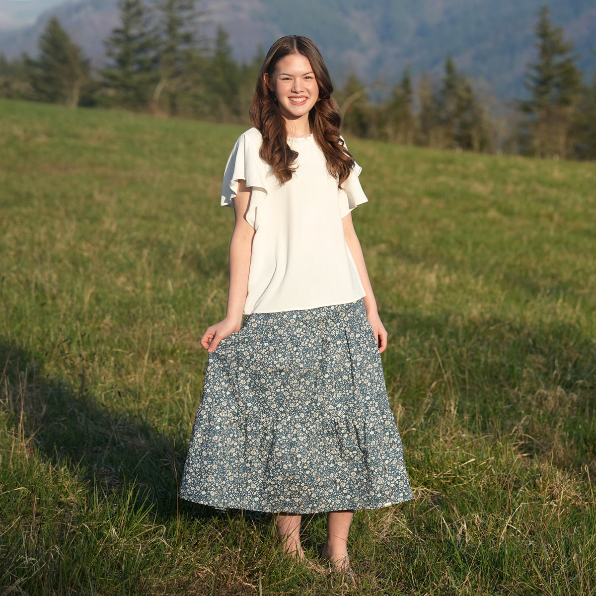 Dark Blue Green Flowers Handmade Skirt