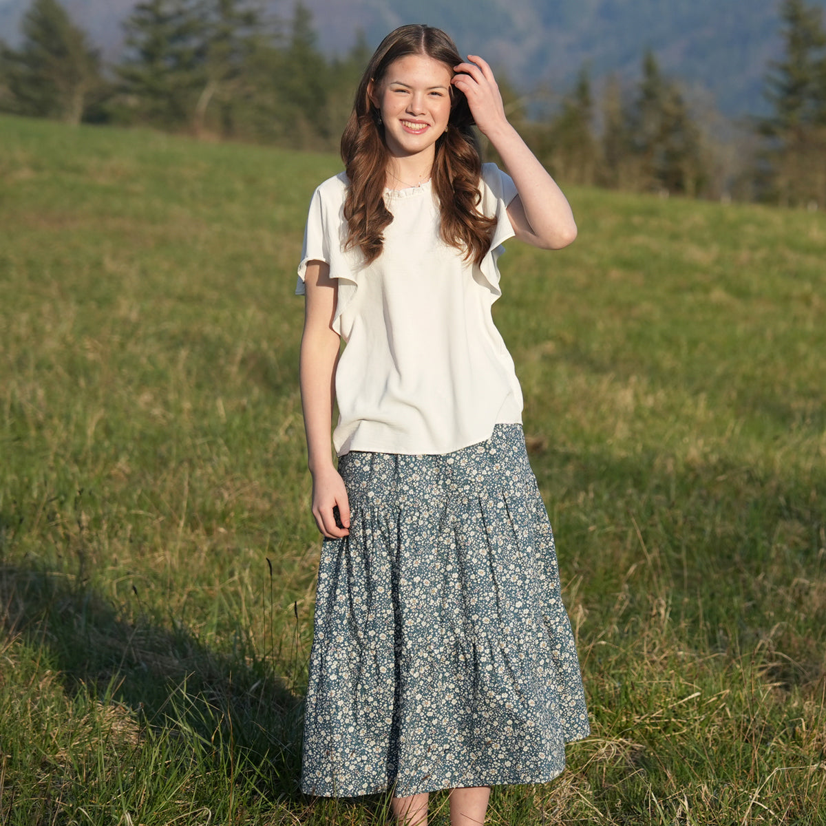 Dark Blue Green Flowers Handmade Skirt