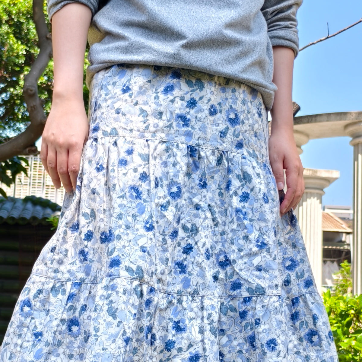 Creamy White Purple Flowers Handmade Skirt